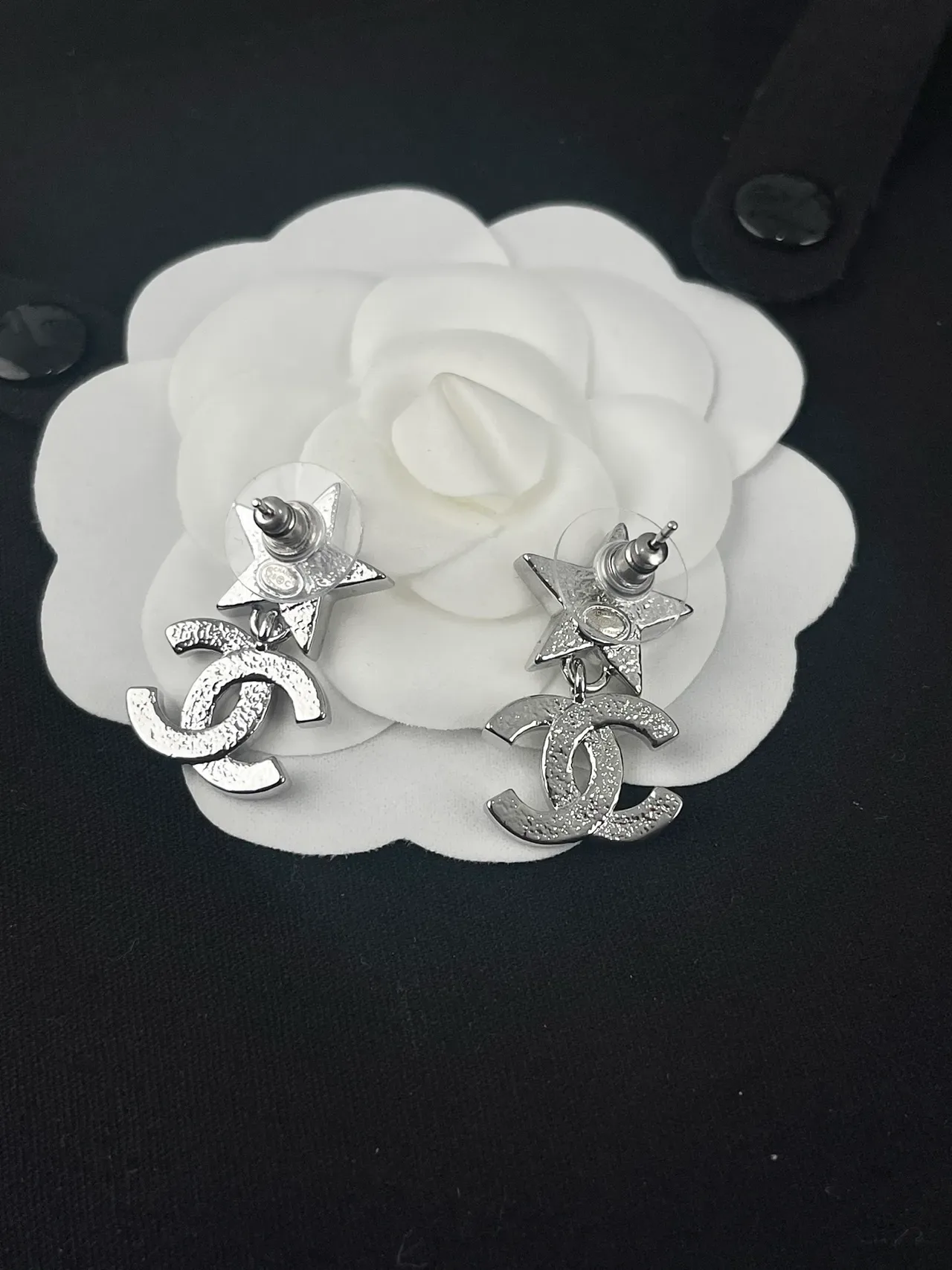 Chanel Silver White Star-and-CC Drop Crystal-Pavé Earrings 4