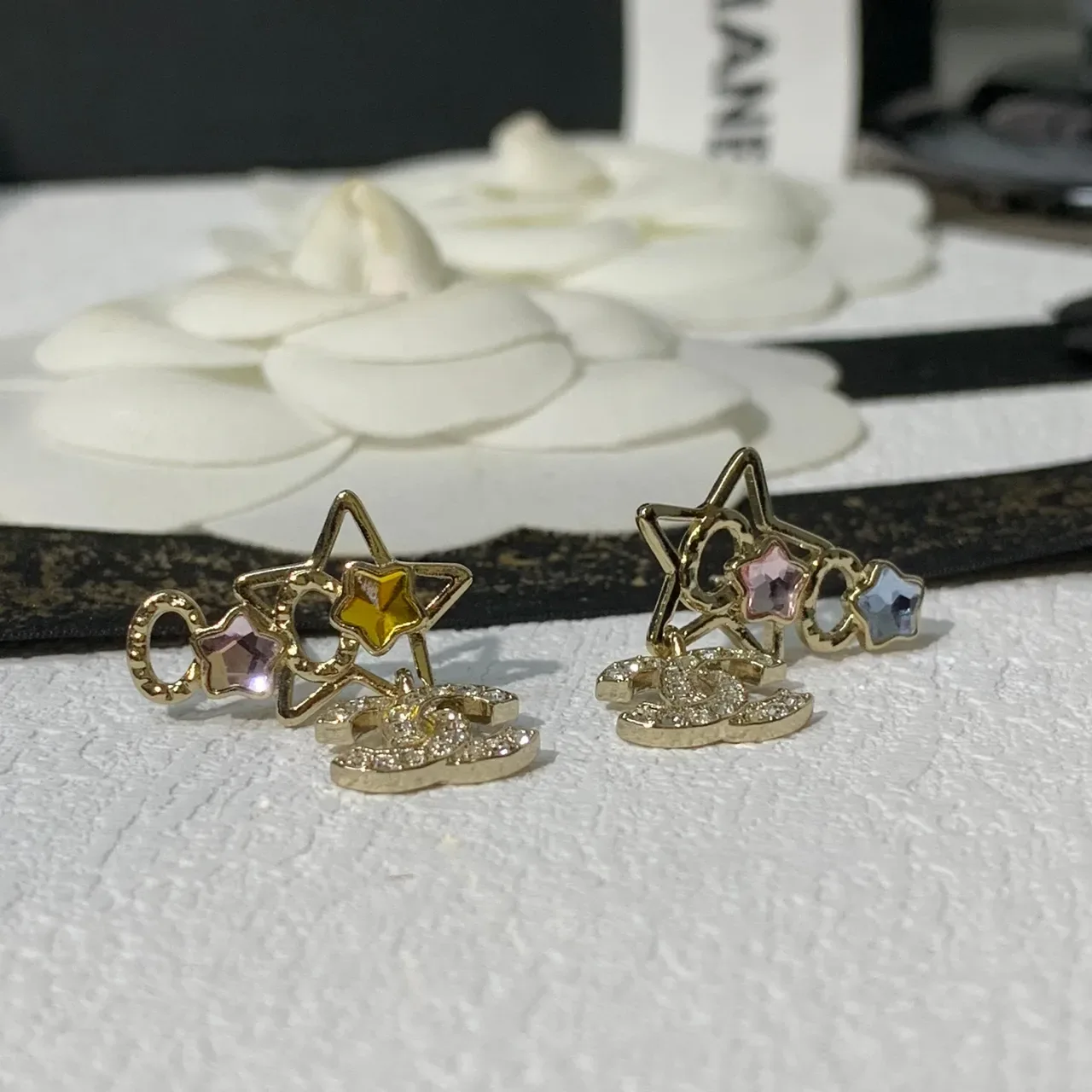 Chanel Silver Yellow Dangling Crystal-Embellished Earrings 3