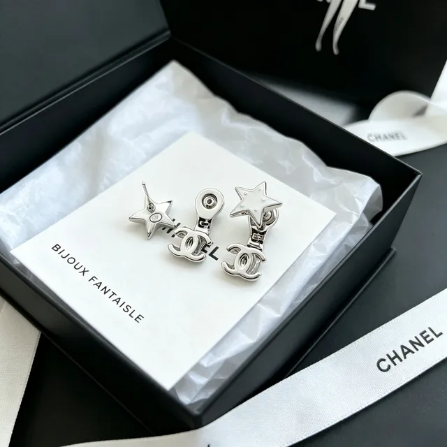 Chanel Star and CC Motif Silver-Tone White Enamel Earrings 3