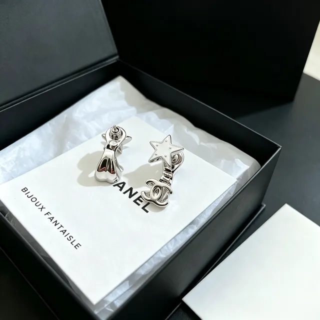 Chanel Star and CC Motif Silver-Tone White Enamel Earrings 4