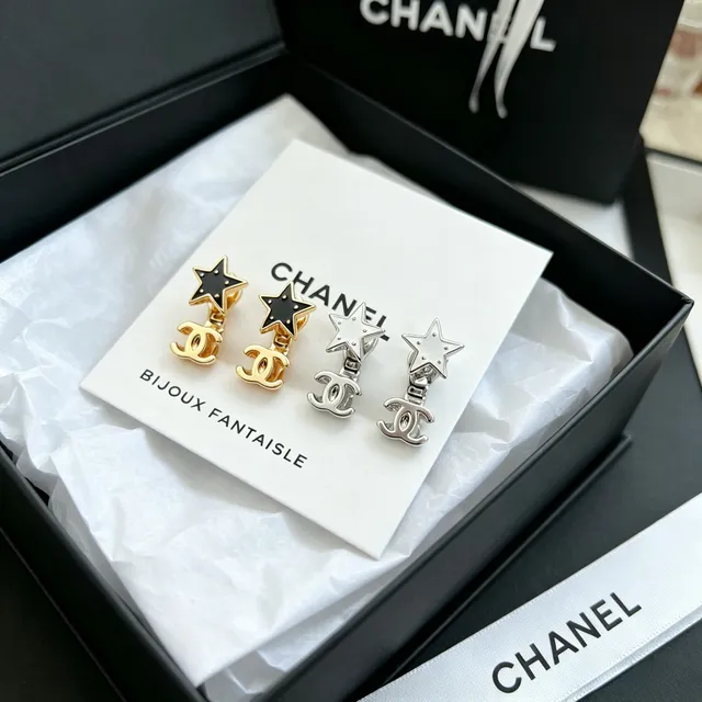 Chanel Star and CC Motif Silver-Tone White Enamel Earrings 5