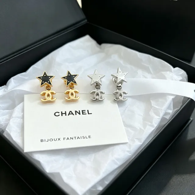 Chanel Star and CC Motif Silver-Tone White Enamel Earrings 6