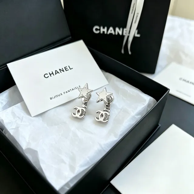 Chanel Star and CC Motif Silver-Tone White Enamel Earrings 7