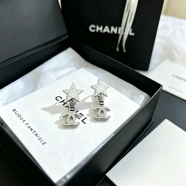 Chanel Star and CC Motif Silver-Tone White Enamel Earrings 8