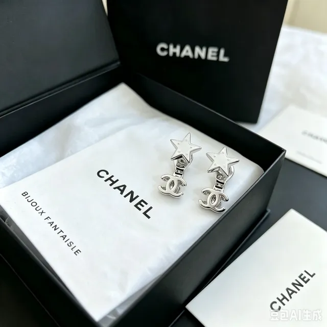 Chanel Star and CC Motif Silver-Tone White Enamel Earrings 9