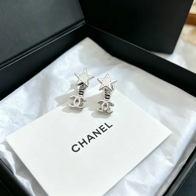 Chanel Star and CC Motif Silver-Tone White Enamel Earrings 10