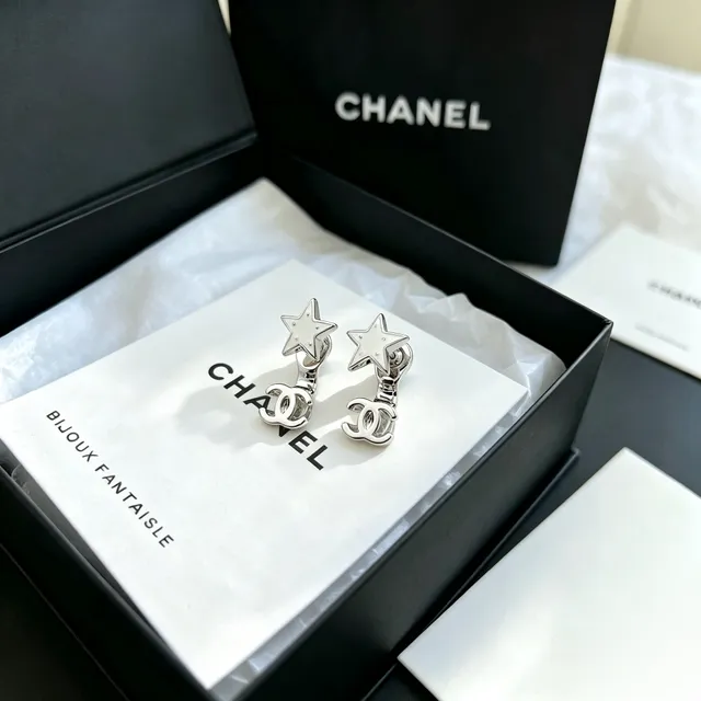 Chanel Star and CC Motif Silver-Tone White Enamel Earrings 11
