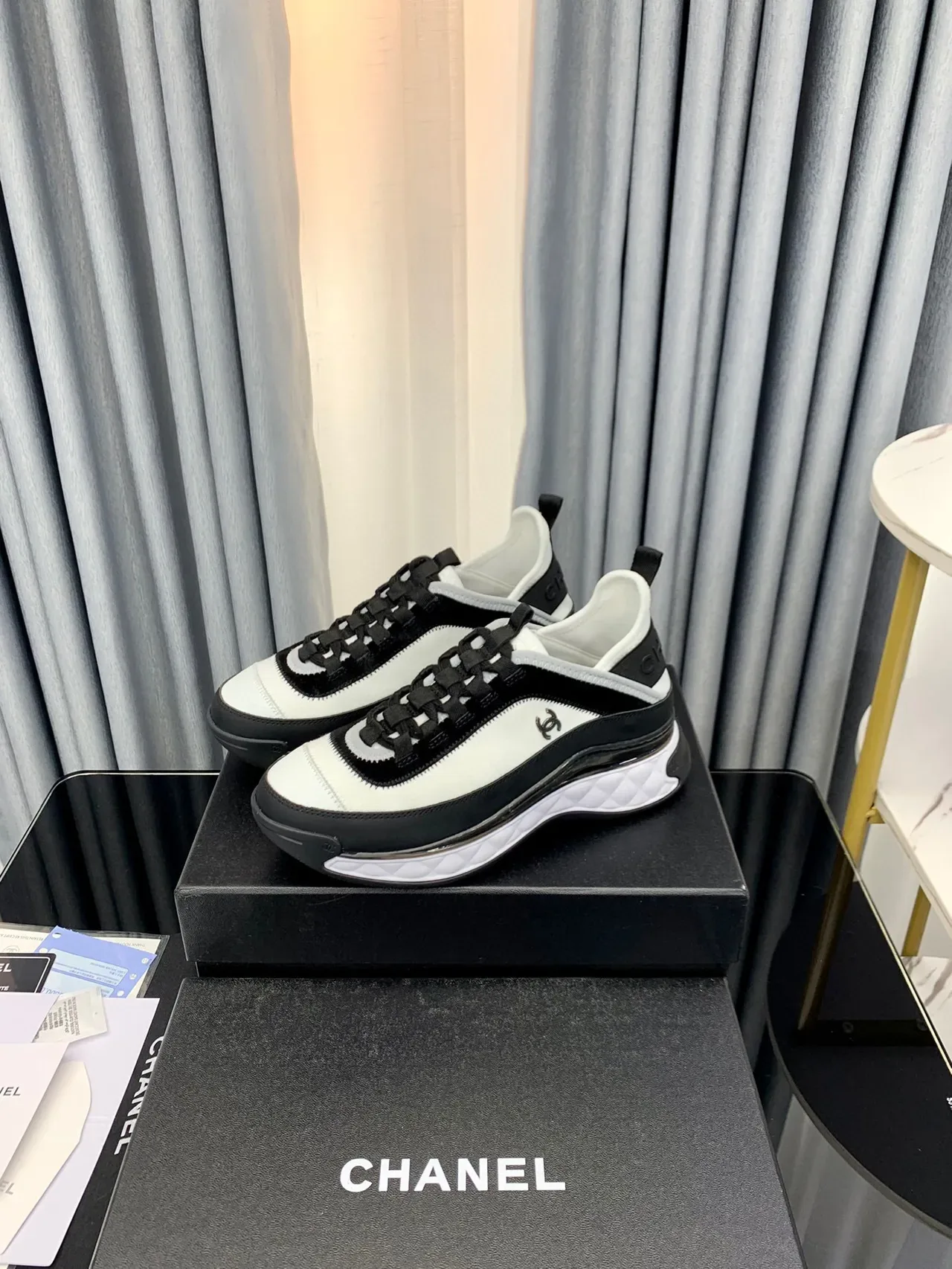 Chanel White Black Quilted Midsole Zippered Side Panel Lifestyle Sneakers 5