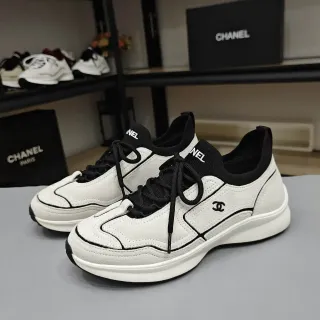 Chanel White Black Suede-Like Upper Contrast Piping Sneakers