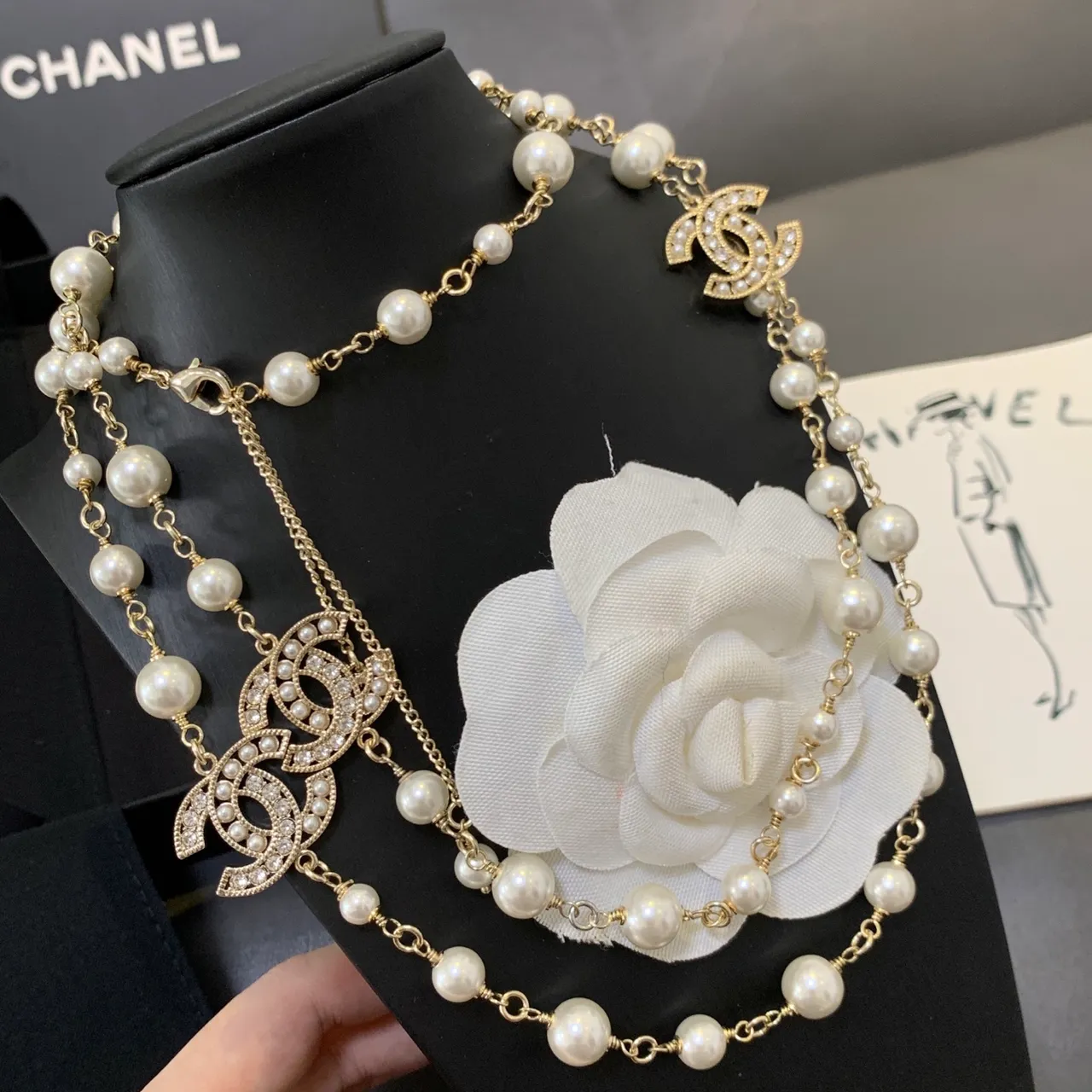 Chanel White Gold Pearl Strand Chain Necklace 3