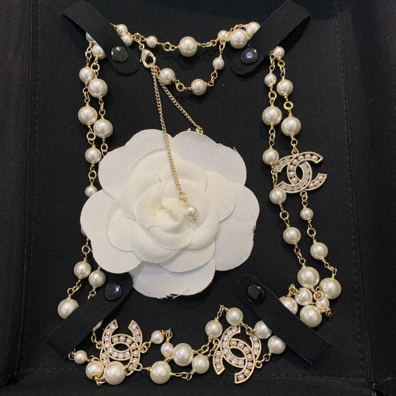 Chanel White Gold Pearl Strand Chain Necklace 7