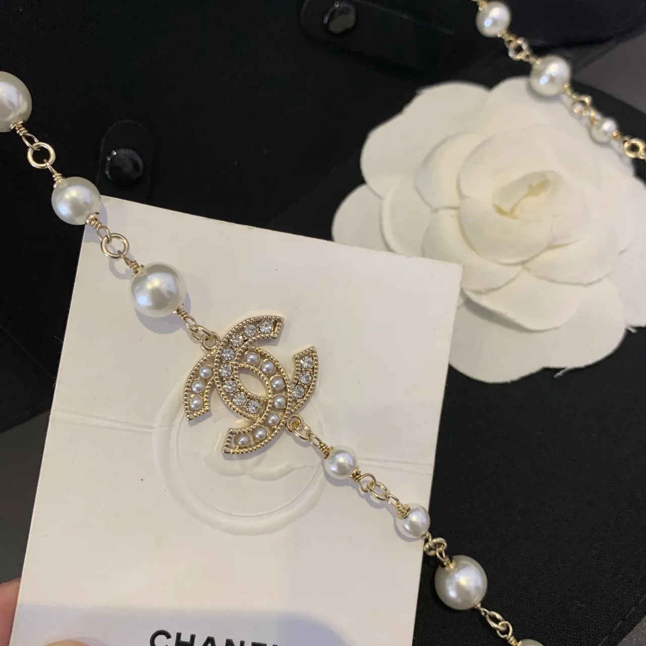 Chanel White Gold Pearl Strand Chain Necklace 9