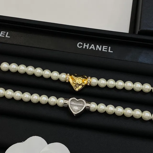 Chanel White Gold Pearl Strand Heart Charm Bracelet 6
