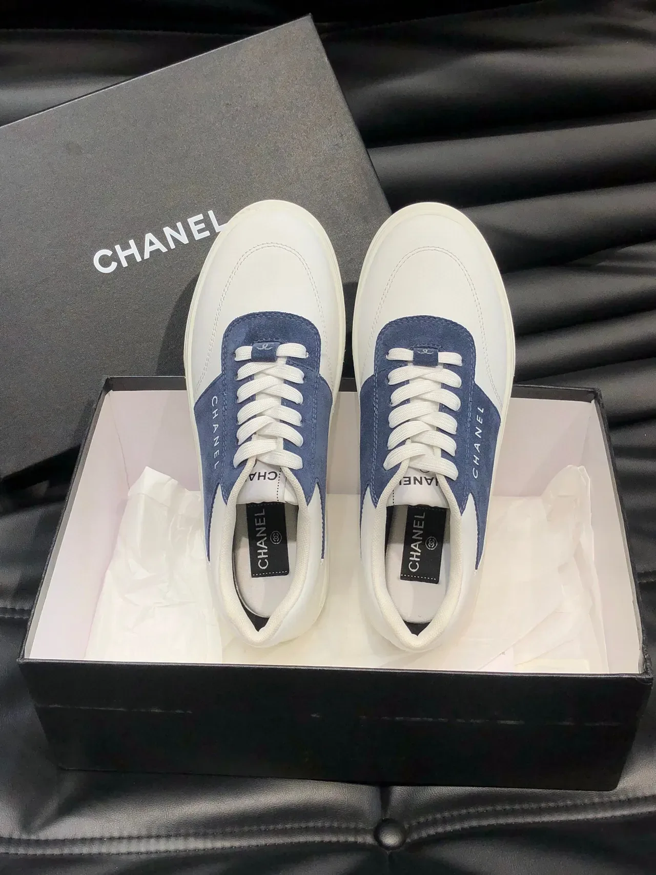 Chanel White Navy Low-Top Two-Tone Lifestyle Sneakers 4