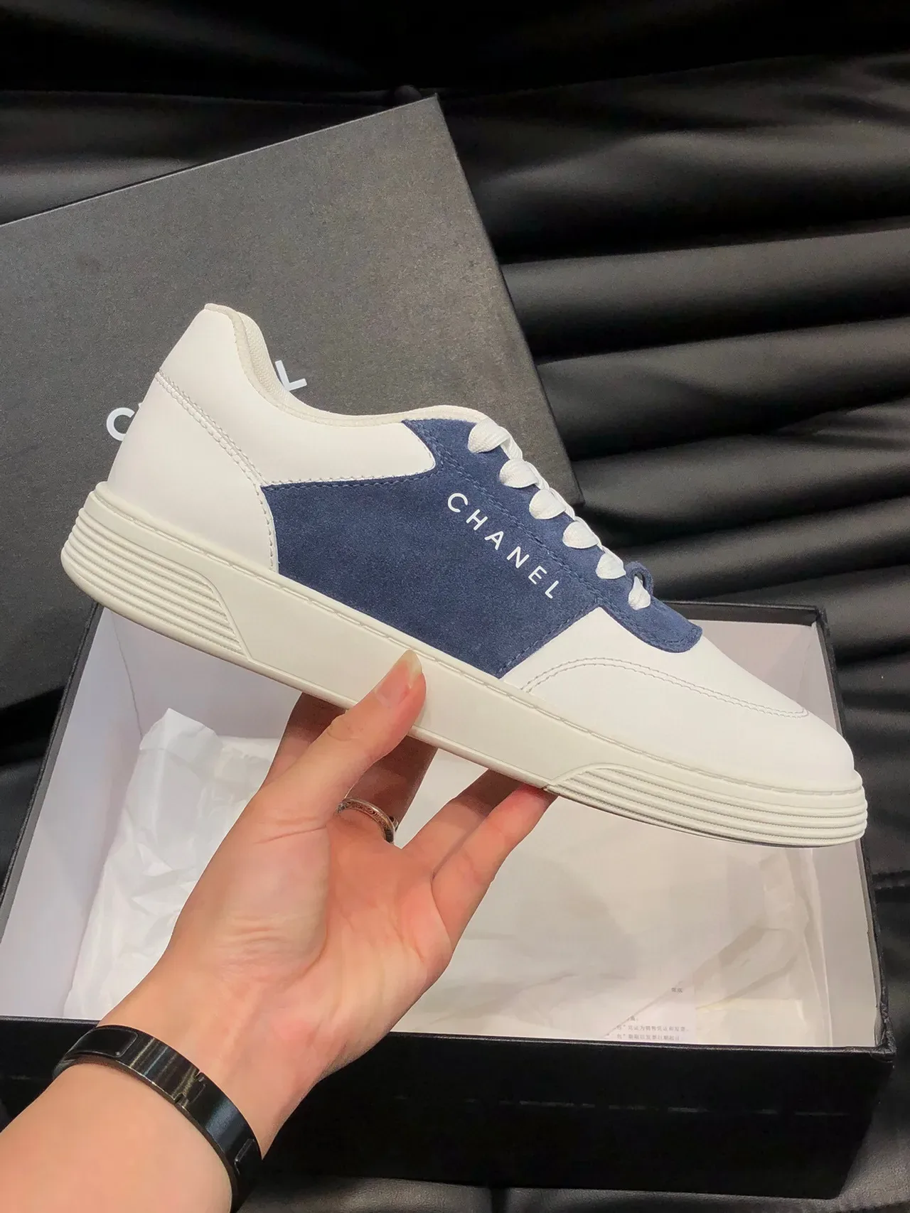 Chanel White Navy Low-Top Two-Tone Lifestyle Sneakers 5