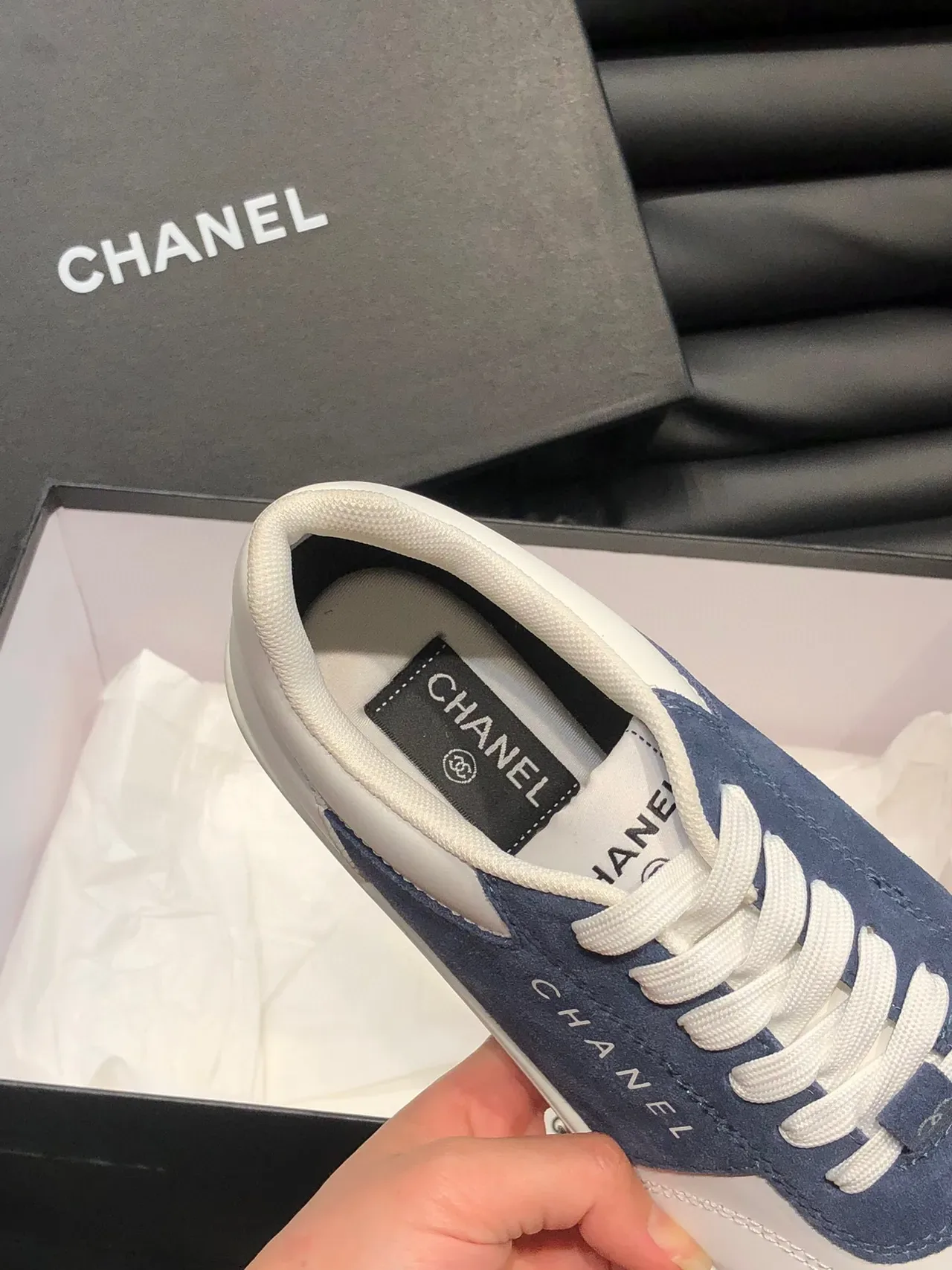 Chanel White Navy Low-Top Two-Tone Lifestyle Sneakers 7