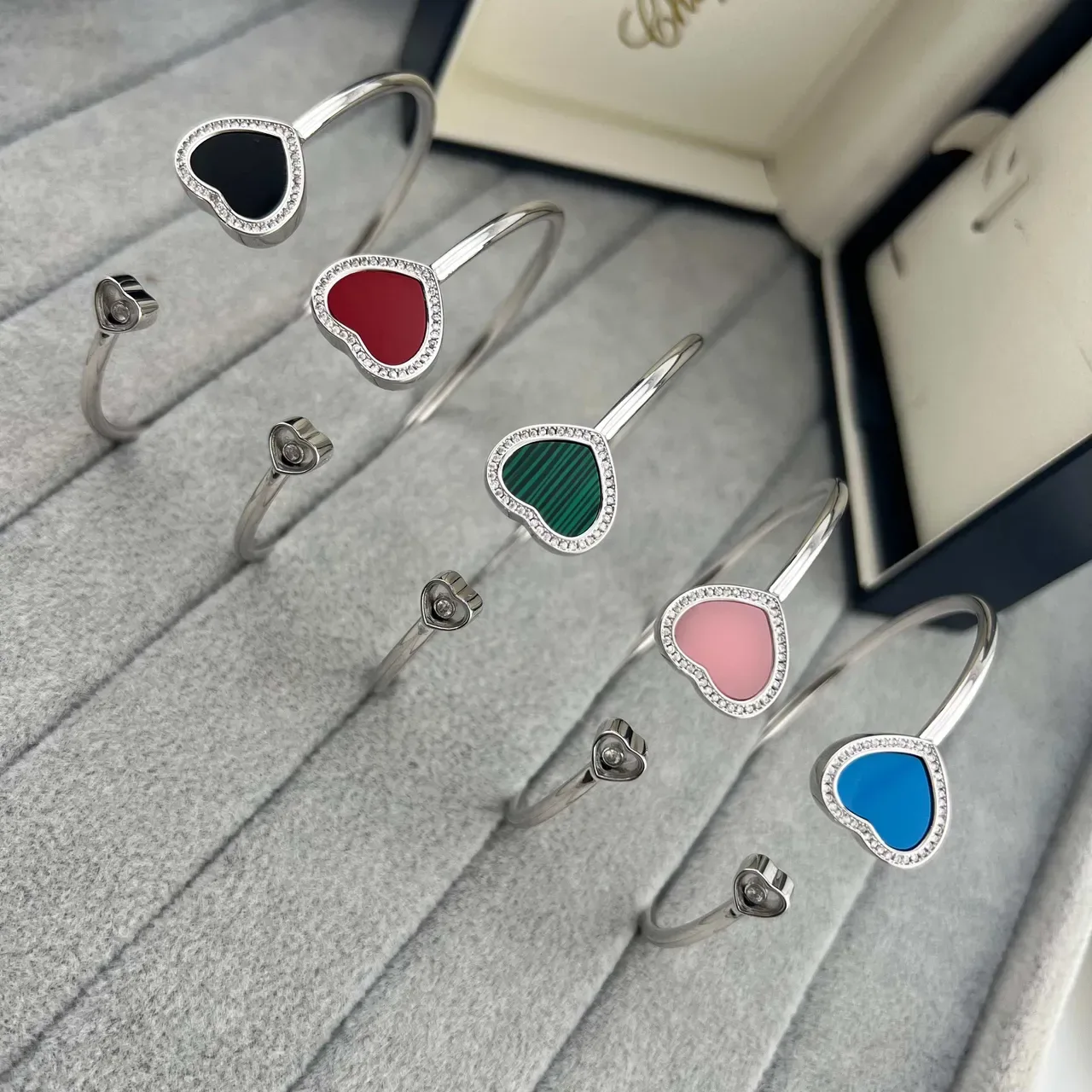 Chopard Happy Hearts Heart-Shaped Pavé-Diamond and Colored Stone Open Bangle Bracelets 5
