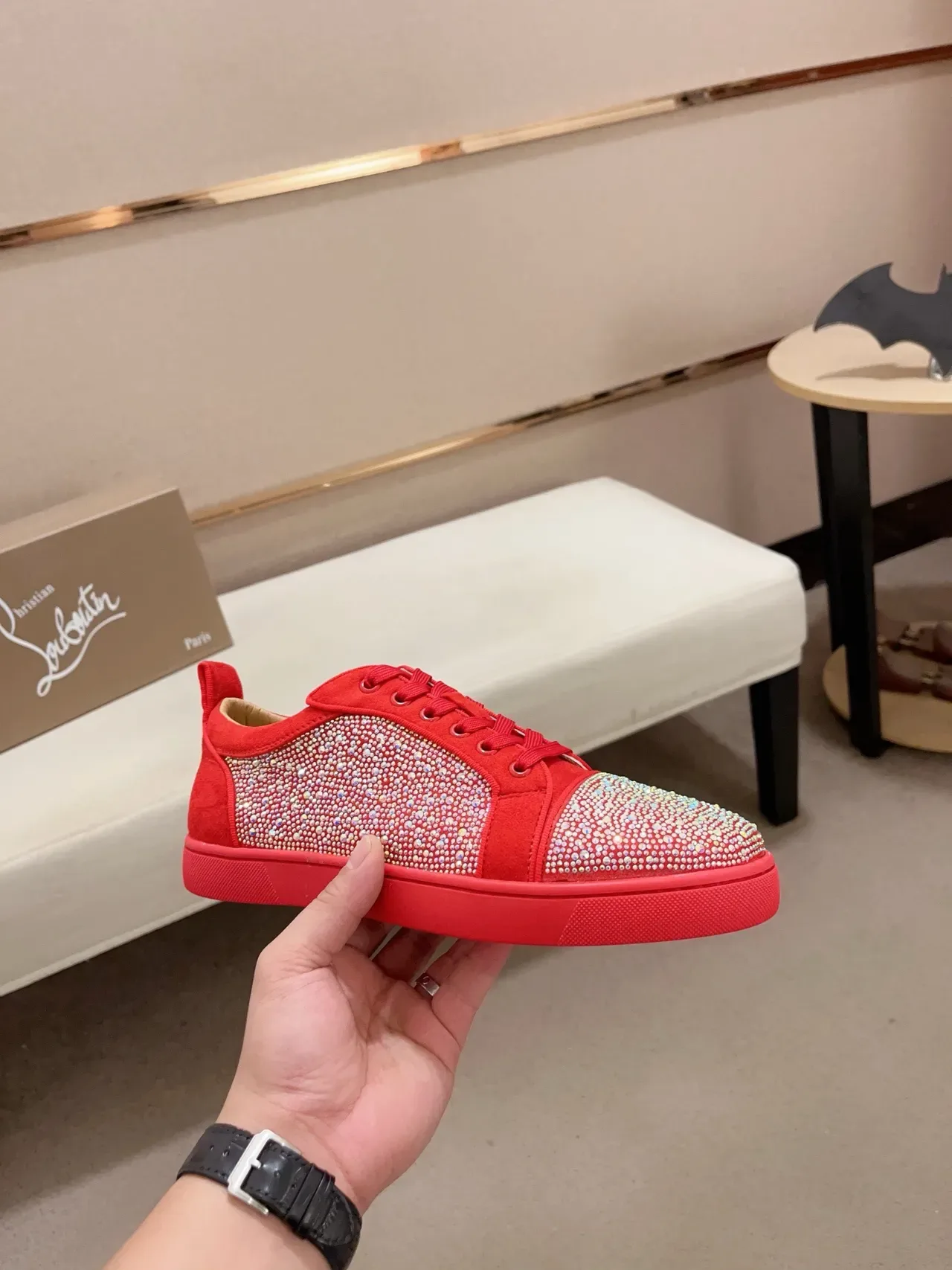 Christian Louboutin Louis Crystal-Embellished Red Suede Lifestyle Sneakers 4