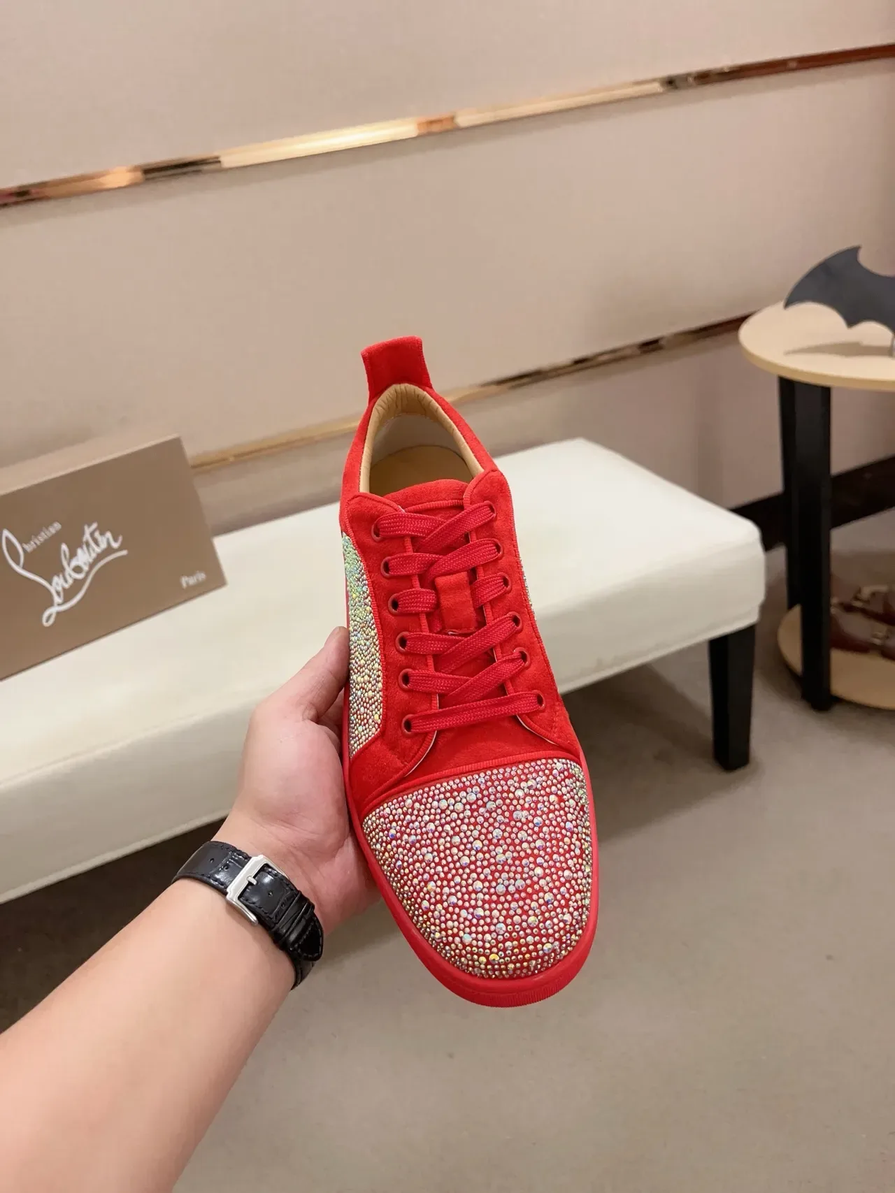 Christian Louboutin Louis Crystal-Embellished Red Suede Lifestyle Sneakers 5