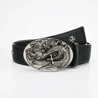 Chrome Hearts Black Silver Pebbled Ornate Dragon Buckle Leather Belt