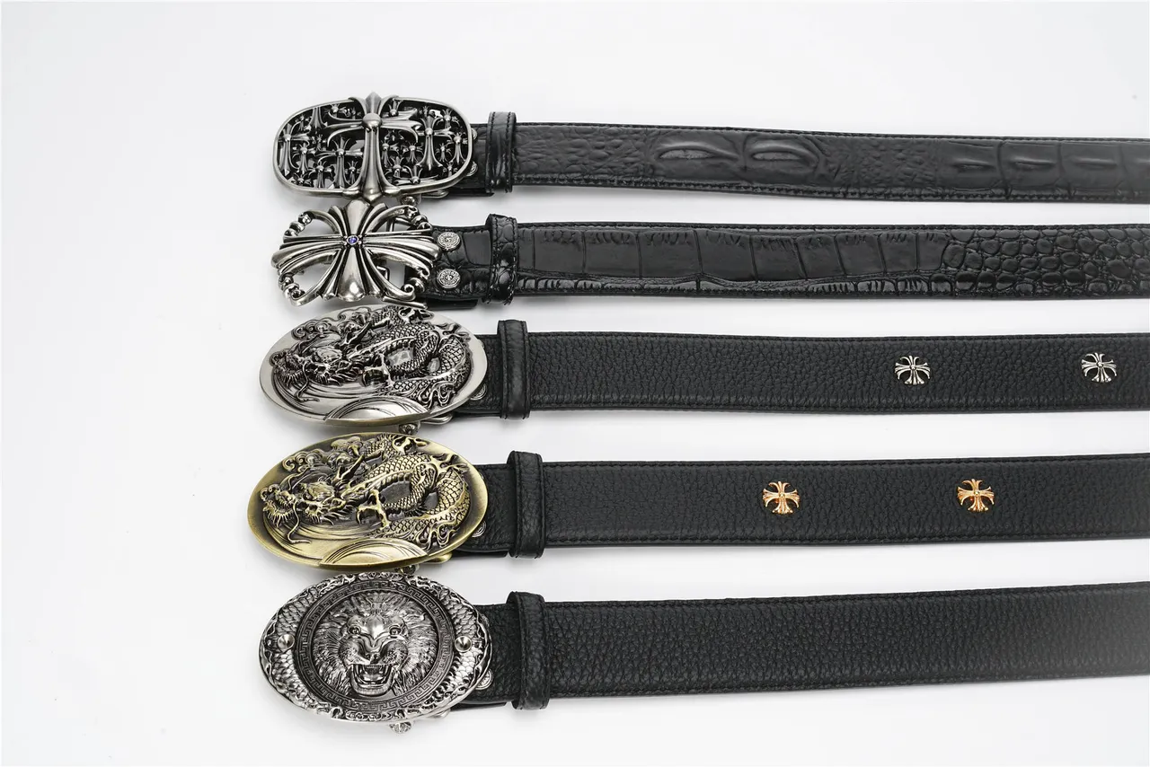 Chrome Hearts Ceinture en cuir noir et argent texturée ornée avec boucle de dragon 2