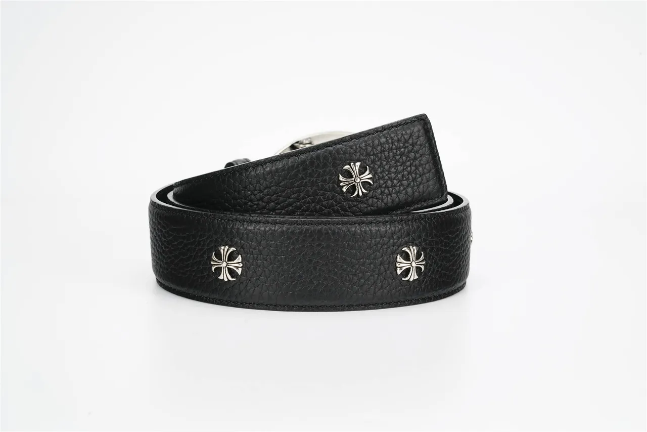 Chrome Hearts Ceinture en cuir noir et argent texturée ornée avec boucle de dragon 3