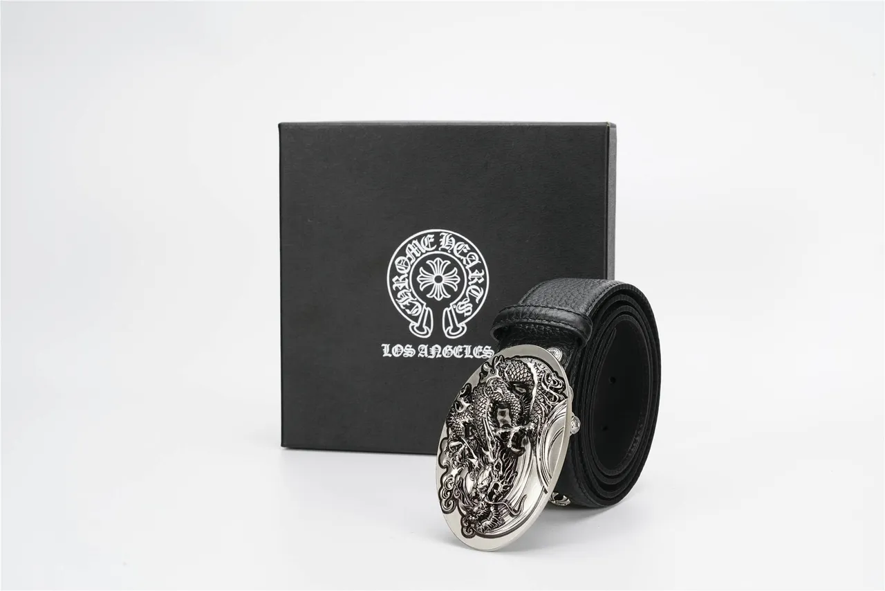 Chrome Hearts Ceinture en cuir noir et argent texturée ornée avec boucle de dragon 5