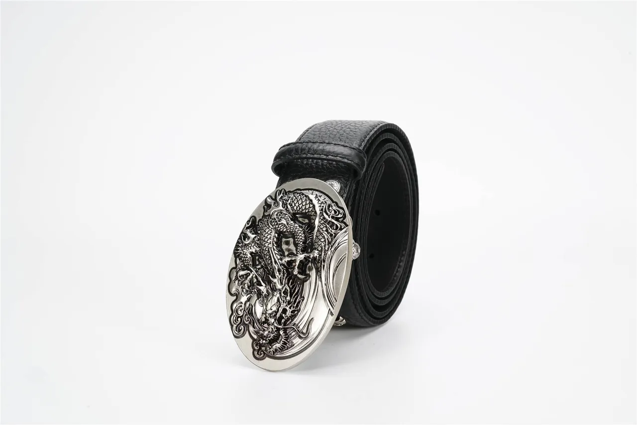 Chrome Hearts Ceinture en cuir noir et argent texturée ornée avec boucle de dragon 6