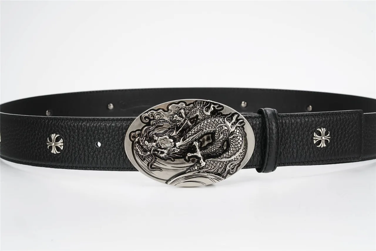 Chrome Hearts Ceinture en cuir noir et argent texturée ornée avec boucle de dragon 8