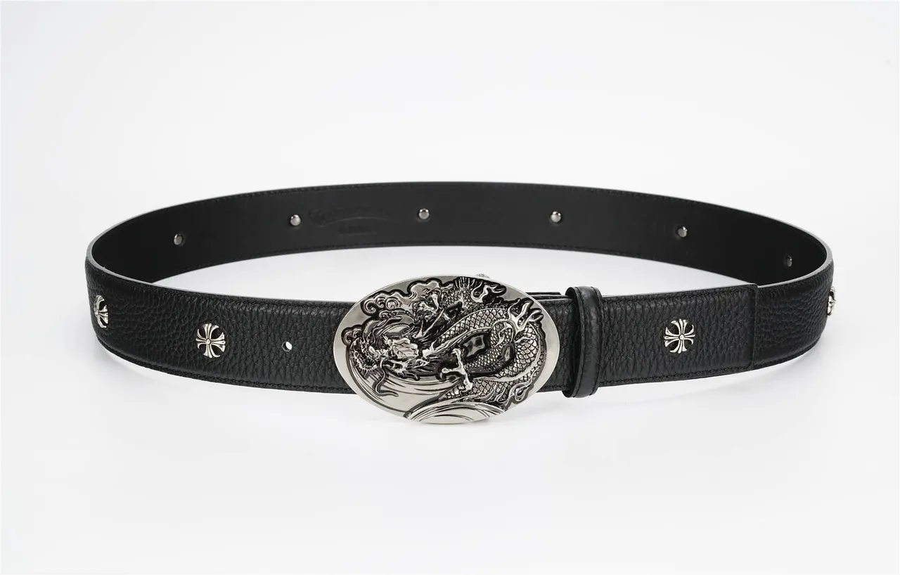 Chrome Hearts Ceinture en cuir noir et argent texturée ornée avec boucle de dragon 9