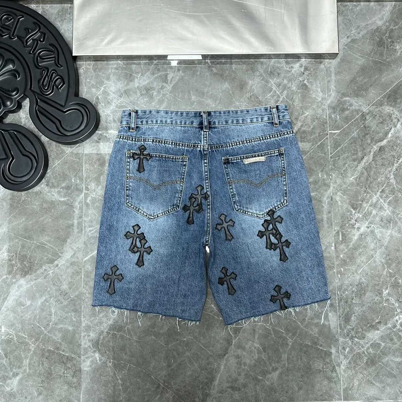 Chrome Hearts Cross-Appliqué Medium Wash Denim Shorts 2
