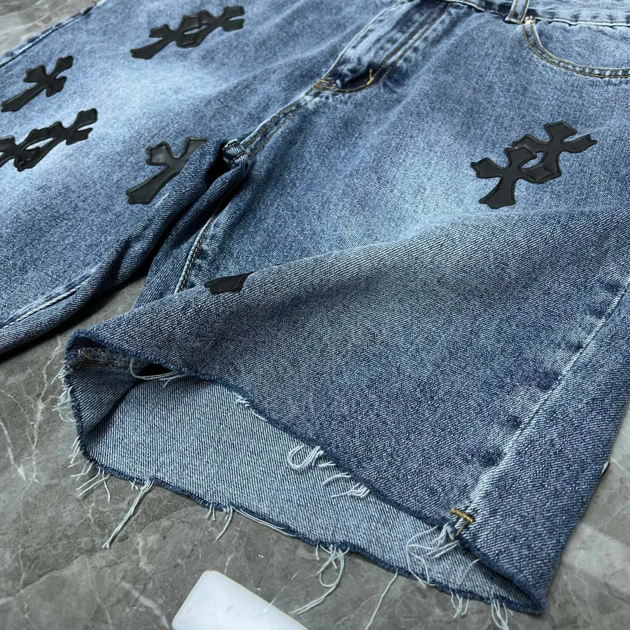 Chrome Hearts Cross-Appliqué Medium Wash Denim Shorts 4