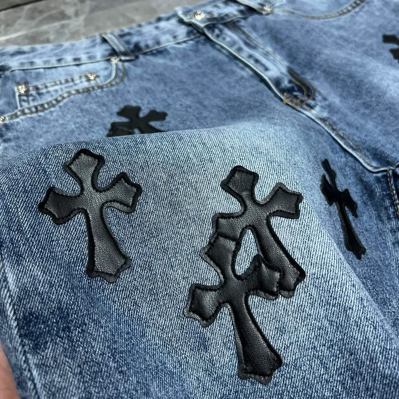 Chrome Hearts Cross-Appliqué Medium Wash Denim Shorts 6