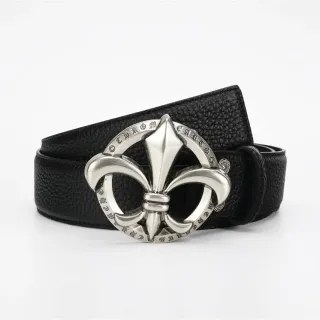 Chrome Hearts Fleur de Lis Buckle Black Pebbled Leather Belt