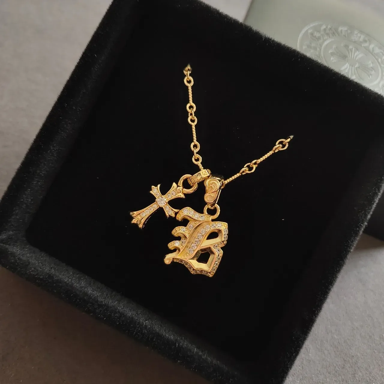Chrome Hearts Gothic Letter B and Cross Pave Necklace 5