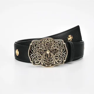 Chrome Hearts Ornate Cross Buckle Black Leather Belt