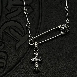 Chrome Hearts Safety Pin Cross Necklace Silver Clasp Pavé-Set Pendant Necklace