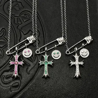 Chrome Hearts Safety Pin Cross Smiley Pendant Necklaces