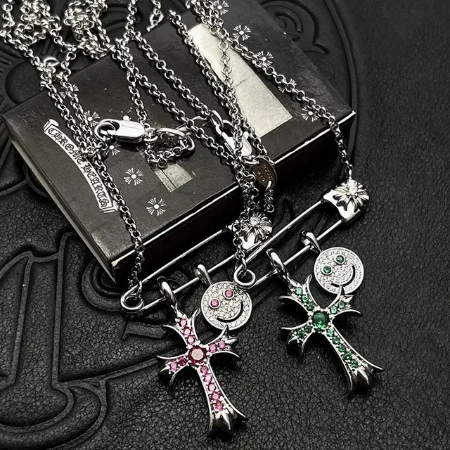 Chrome Hearts Safety Pin Cross Smiley Pendant Necklaces 2