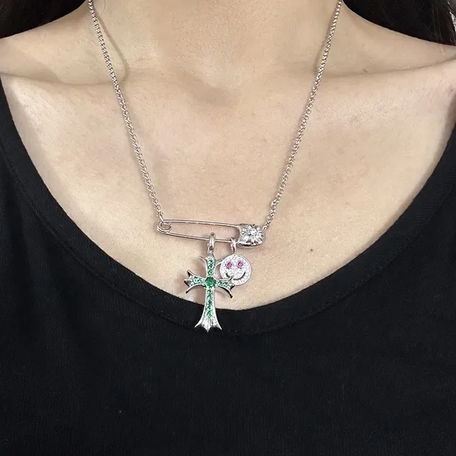 Chrome Hearts Safety Pin Cross Smiley Pendant Necklaces 3