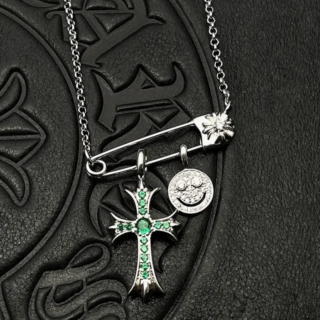 Chrome Hearts Safety Pin Cross Smiley Pendant Necklaces 4