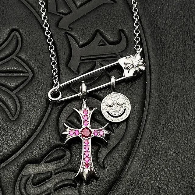 Chrome Hearts Safety Pin Cross Smiley Pendant Necklaces 5