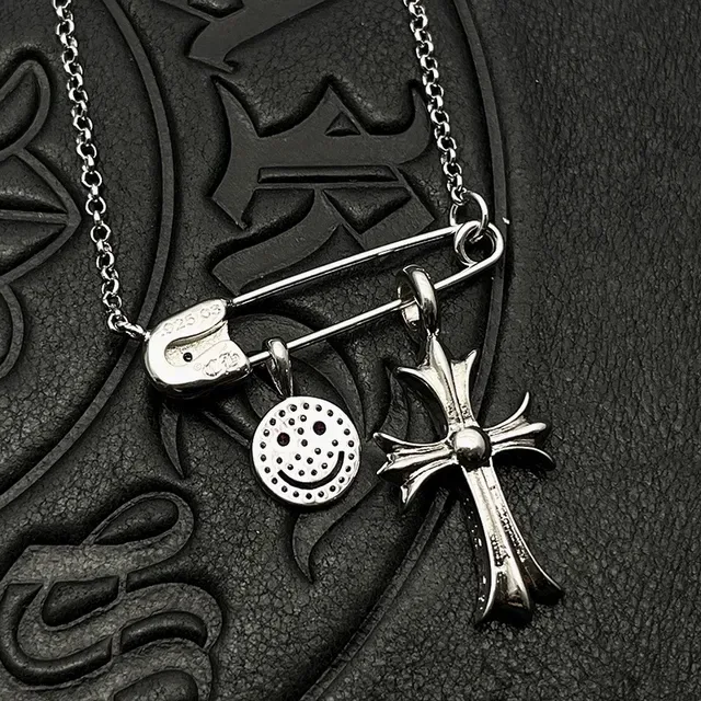 Chrome Hearts Safety Pin Cross Smiley Pendant Necklaces 7