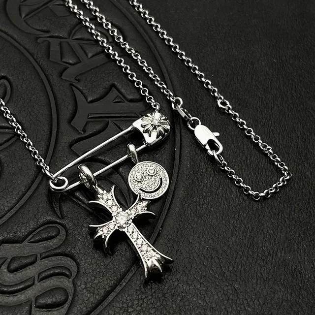 Chrome Hearts Safety Pin Cross Smiley Pendant Necklaces 8