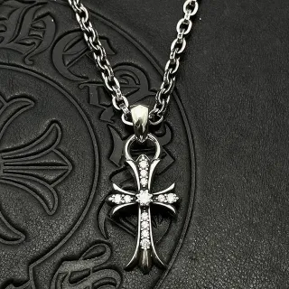 Chrome Hearts Silver Black Gothic Cross Pavé Crystal Necklace