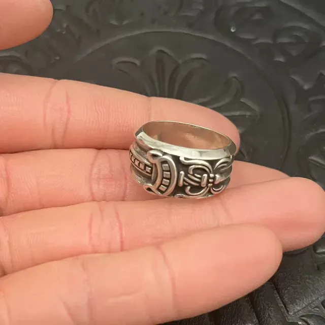 Chrome Hearts Silver Black Ornate Gothic Wide Band Ring 6