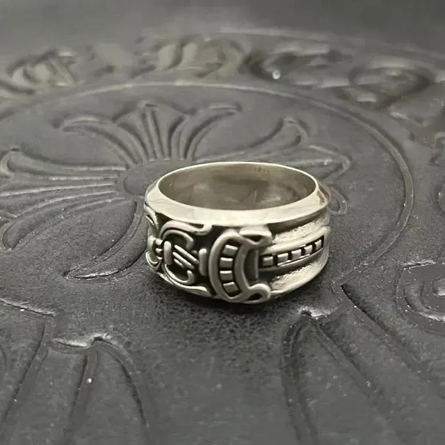 Chrome Hearts Silver Black Ornate Gothic Wide Band Ring 8