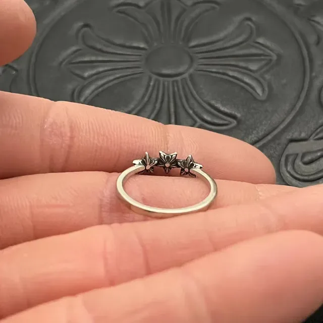 Chrome Hearts Plata Negro Oxidado Tres Motivos Florales Anillo 3
