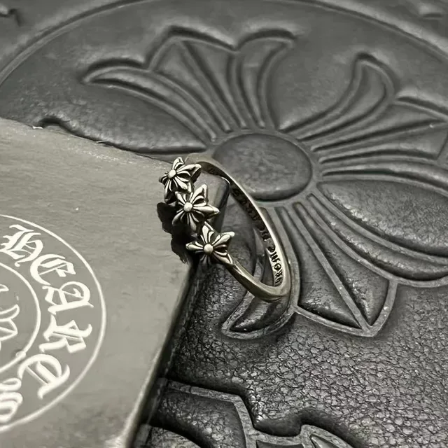 Chrome Hearts Plata Negro Oxidado Tres Motivos Florales Anillo 5