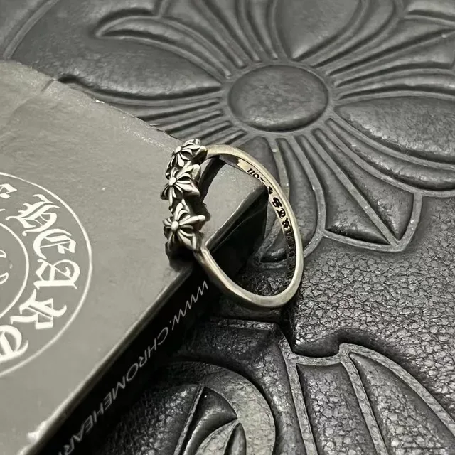 Chrome Hearts Plata Negro Oxidado Tres Motivos Florales Anillo 6